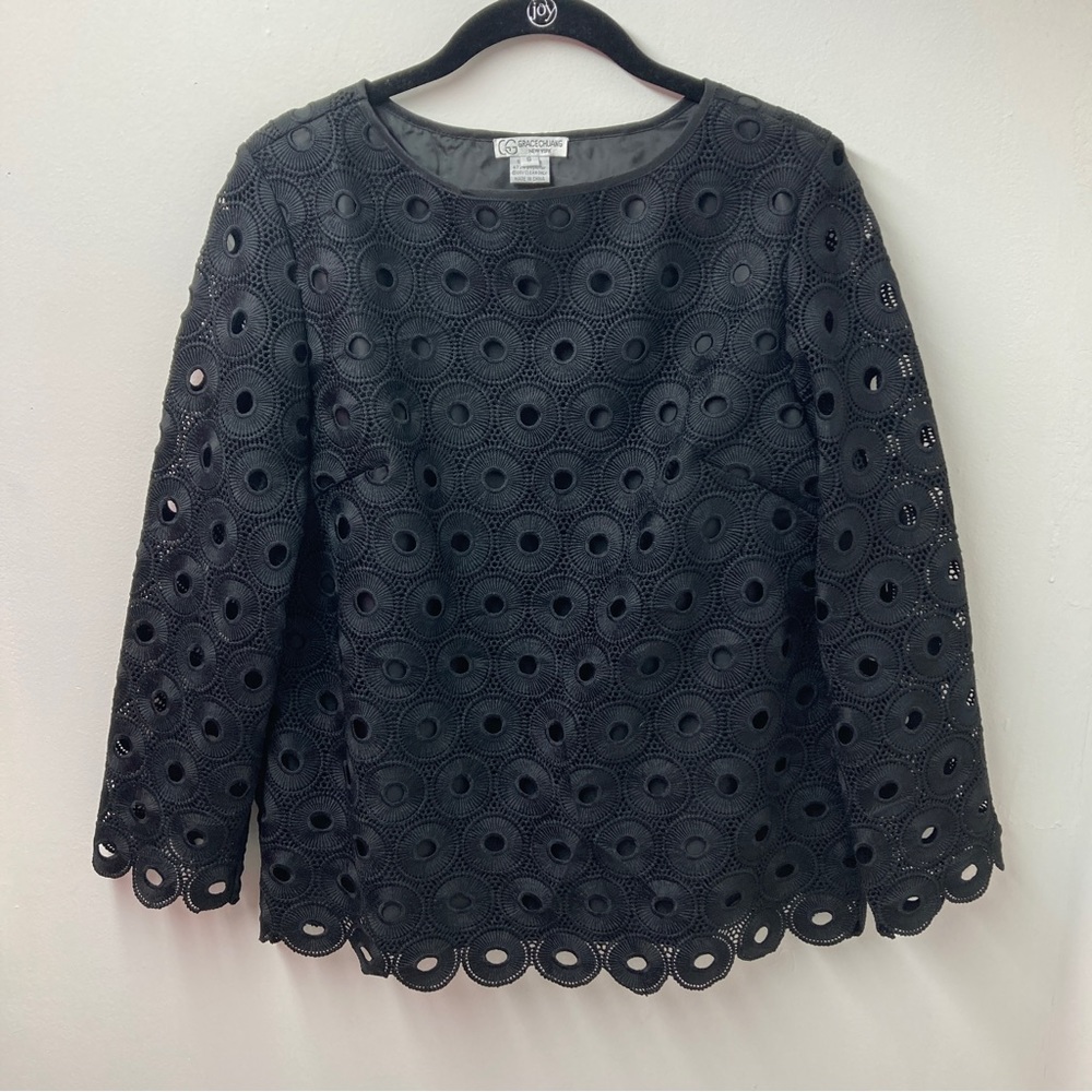 Grace Chuang Black Eyelet Lace Mandola Circle Side Zip Blouse Size S